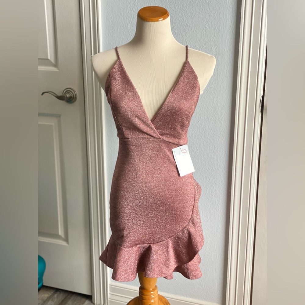Blue Blush Ruffled Glitter Cross Back Dress
